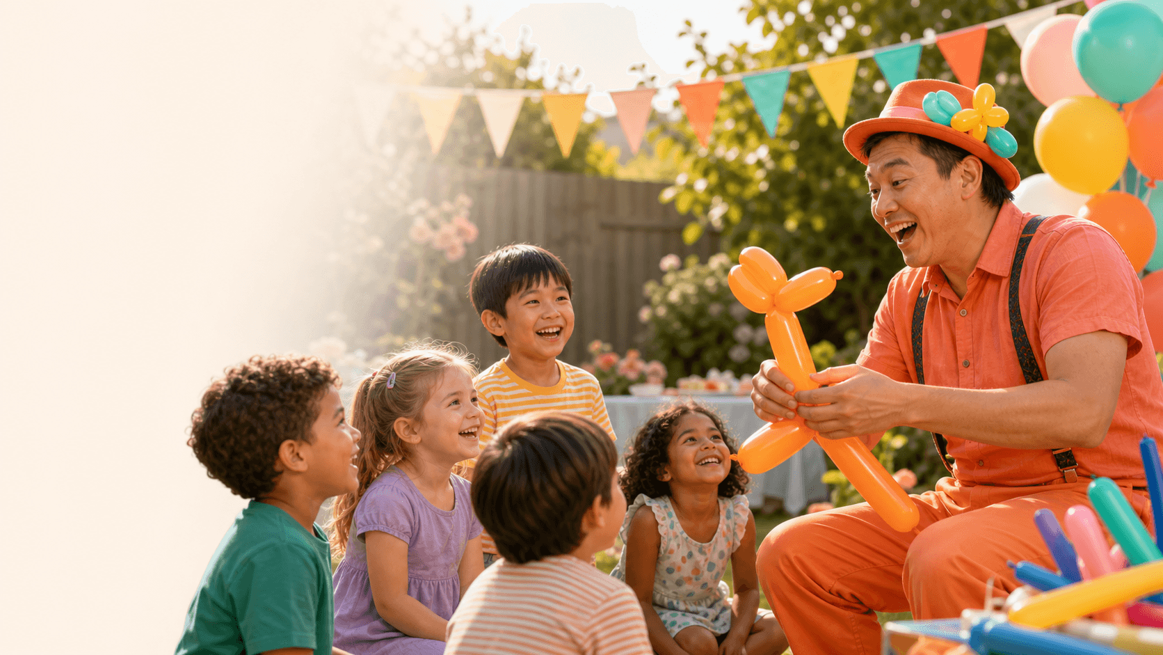 A balloon artist making an animal for children at a backyard birthday party