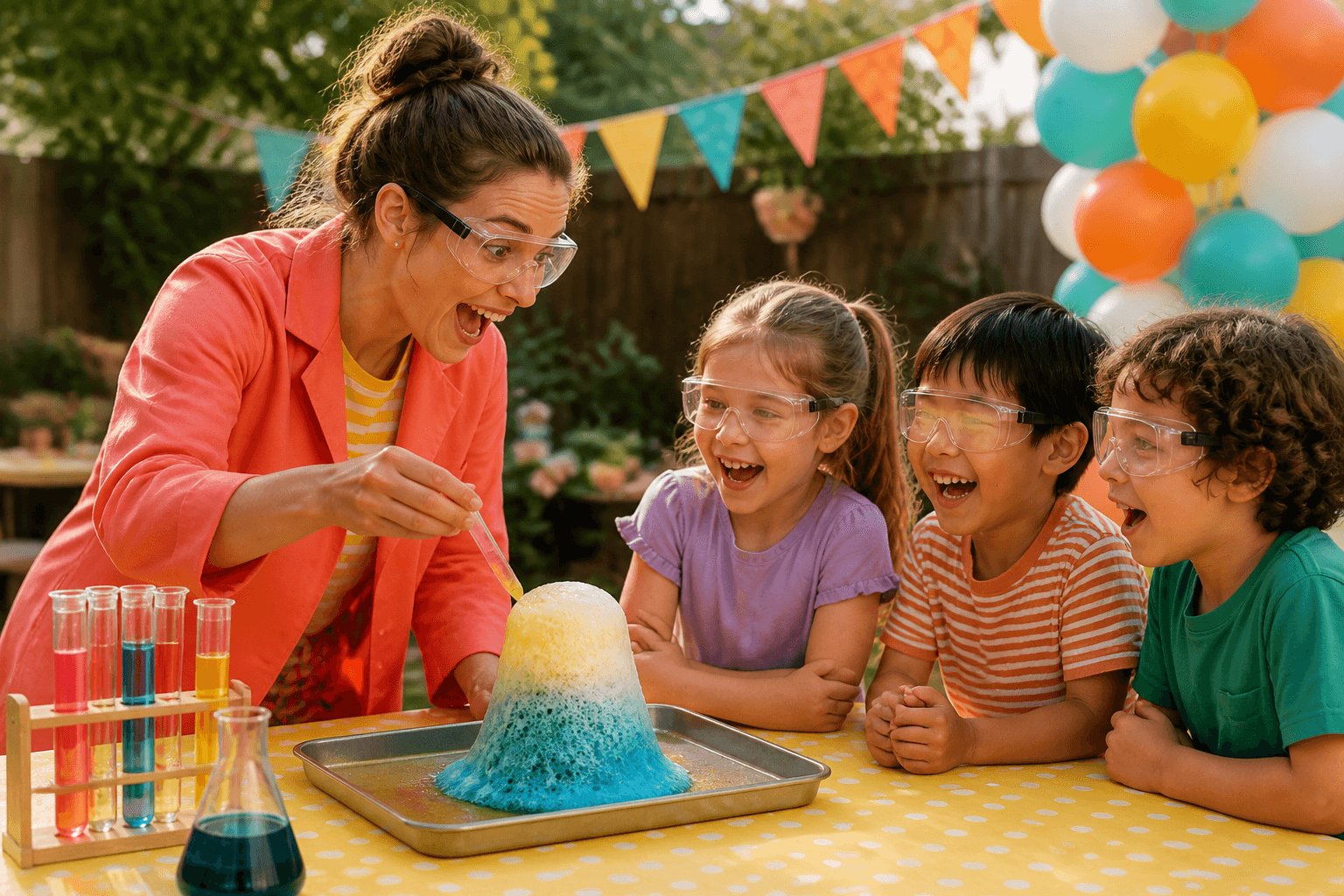 A science entertainer demonstrating a colourful experiment for children
